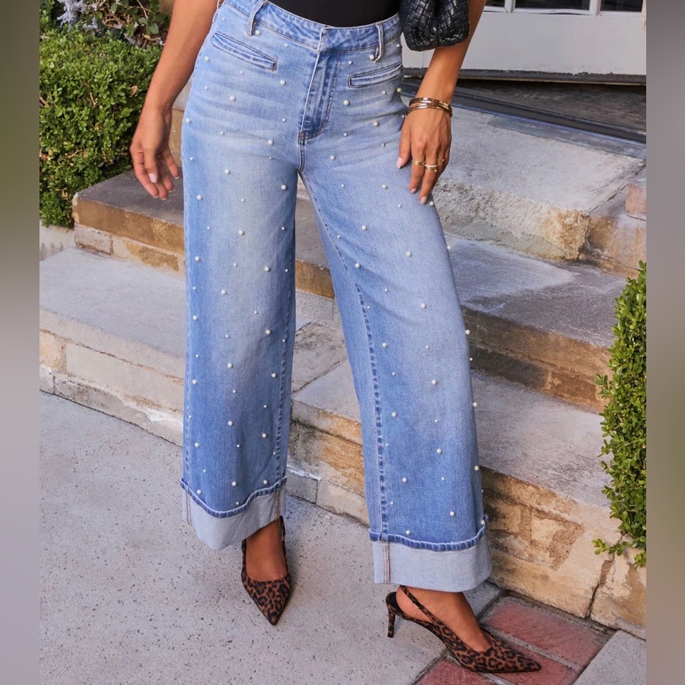 Vici Wide-Leg Pearl-Embellished Light Blue Jeans  with Pearls